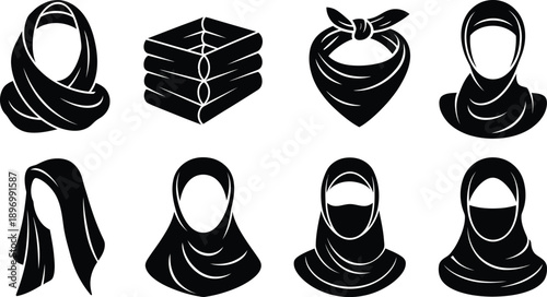Muslim Hijab Scarf and Headwear Silhouette Icon Set vector illustration
