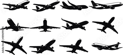 A collection of airplane silhouettes in various flight positions against a white background silhouette