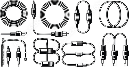 Set of cable and wire connection icons including power cords, electrical plugs, and coiled technical cables in flat vector
