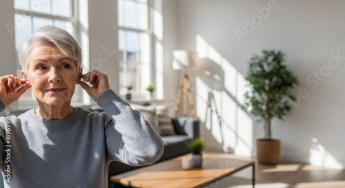 TITTLE: Smiling older woman inserting wireless earbud for improved hearing and audibility. Concept of modern hearing aid technology and elderly care for healthy aging.