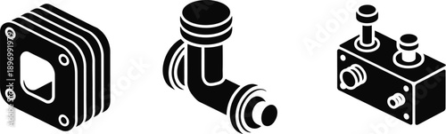 Isometric Industrial Mechanical Parts, Pipe Fittings, and Hydraulic Valve Icon Set, vector illustration