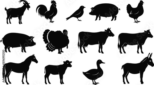 A collection of farm animal silhouettes against a white background silhouette