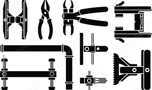 Industrial Hardware Tools and Clamps Silhouette Set vector illustration