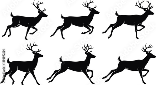 A group of deer running in unison in silhouette against a white background
