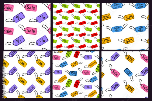 Colorful discount tags showcase various sale offers on a white background in a lively pattern design