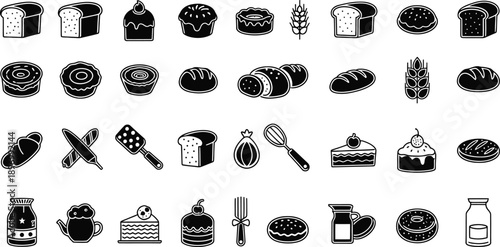 A collection of various food and baking icons in black silhouette on a white background