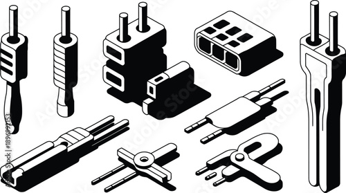 Isometric Electrical Connectors and Plugs Vector Icon Set