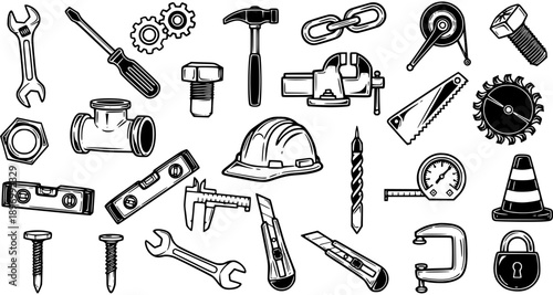 Set of Construction, Industrial, and DIY Hand Tools Black  White Line Art Outline Icons Collection