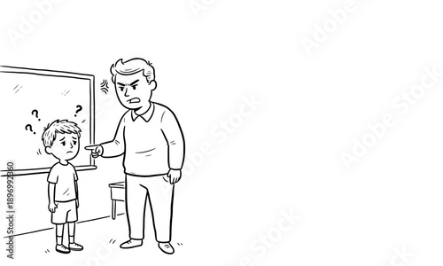 A black and white line drawing of a frustrated adult man scolding a confused young boy in a classroom setting. Ideal for education and parenting themes.