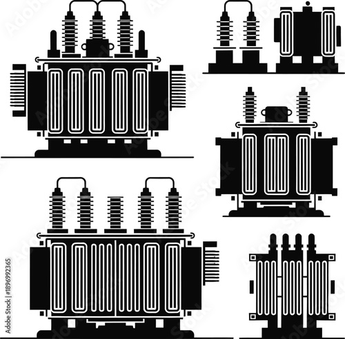 Electric power transformer silhouette vector icon set