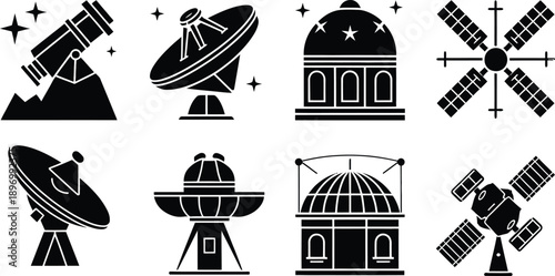 Astronomy and Space Exploration Vector Icon Set, Telescopes, Satellites, and Observatories