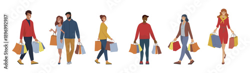 Group of diverse people smiling while holding shopping bags in a vector illustration. The image shows individuals expressing happiness and satisfaction after shopping. Suitable for retail themes.