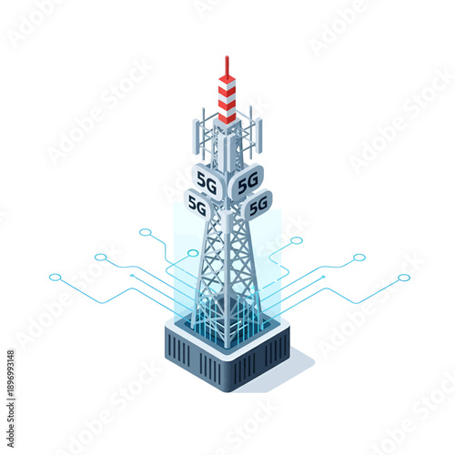 Illustrating a 3D cell tower with antenna, 5G boxes and signal lines in a clean graphic view from a frontal perspective