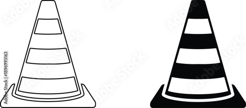 Black and white traffic cone illustration with reflective stripes isolated on transparent background