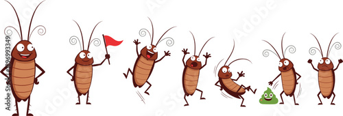 Funny Cartoon Cockroach Character Vector Illustration Set with Expressive Poses, Emotions, and Humorous Actions for Kids, Comics, and Creative Design Projects