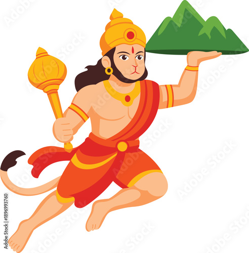 Lord Hanuman Flying With Mountain and Mace Action Pose Vector Illustration