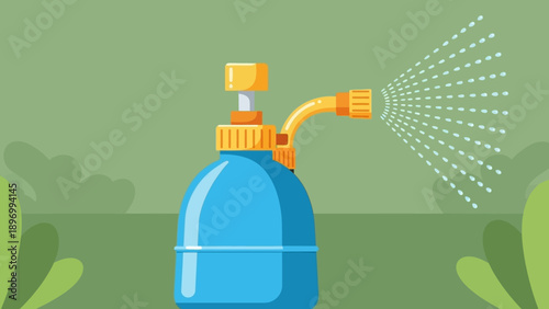 Blue Spray Bottle with Yellow Nozzle Spraying Water.