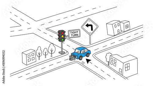 Cuadro en lienzo Intersection Navigation: Illustration of a car navigating a street intersection, emphasizing traffic rules and directional guidance