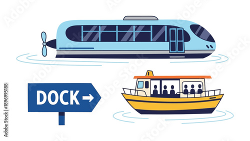 Water Transportation Illustration: A delightful illustration showcases a modern aquatic transit concept, featuring a sleek blue watercraft, a classic yellow passenger ferry and a dock.