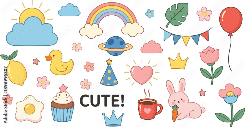 Fototapeta premium Cute Doodle Icons Vector Set with Rainbow, Bunny, Heart, Crown, Balloon, Flowers, and Playful Elements for Kids, Nursery, and Creative Designs