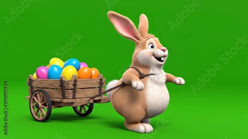 Animated cartoon of a cheerful rabbit pulling a wooden cart filled with colorful Easter eggs, walking on a green screen background.