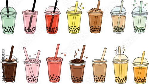 Cute Bubble Tea and Milk Tea Cups Vector Illustration Set with Colorful Drinks, Tapioca Pearls, Straws, and Cafe Beverage Design Elements