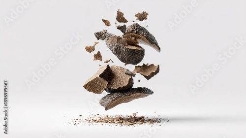 Floating black truffle pieces with soil fragments, dramatic composition highlighting luxury ingredient, gourmet cuisine, and premium culinary concept.