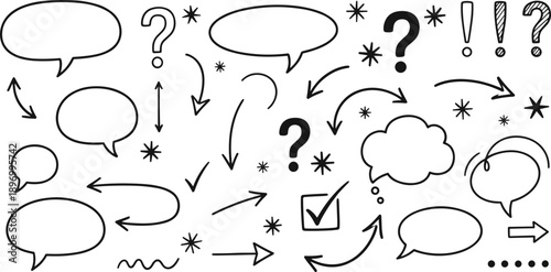 Hand Drawn Doodle Speech Bubbles and Arrows Vector Set with Question Marks, Check Icons, and Sketch Elements for Communication and Idea Concepts