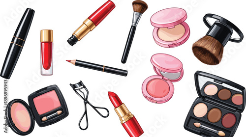 Makeup and Cosmetic Products Vector Illustration Set with Lipstick, Blush, Powder, Brushes, Eyeshadow Palette, Mascara, and Beauty Accessories