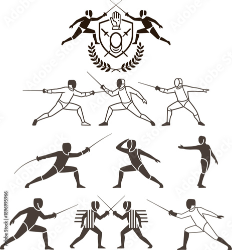 Fencing sport icons and silhouettes set. Fencers in action poses with foil, epee and saber. Vector illustration of fencing competition, emblems and athletic equipment.