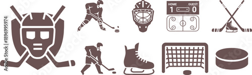 Ice hockey icons set with player, skates, puck, goalie mask and net. Flat vector symbols of winter sports equipment and game elements.