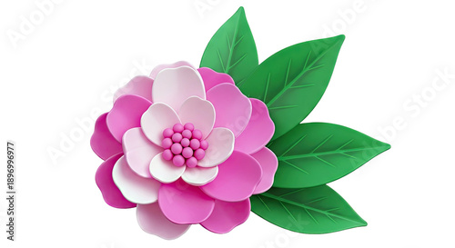 3D Pink Flower with Green Leaves