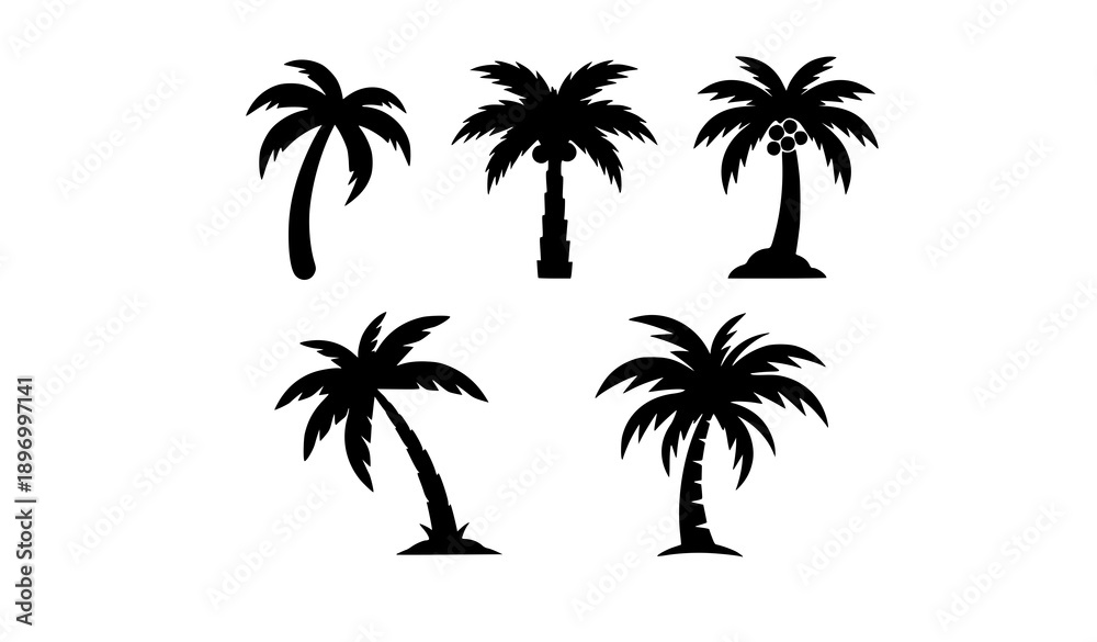 Fototapeta premium Stylized palm tree silhouette icon set for tropical branding and summer design