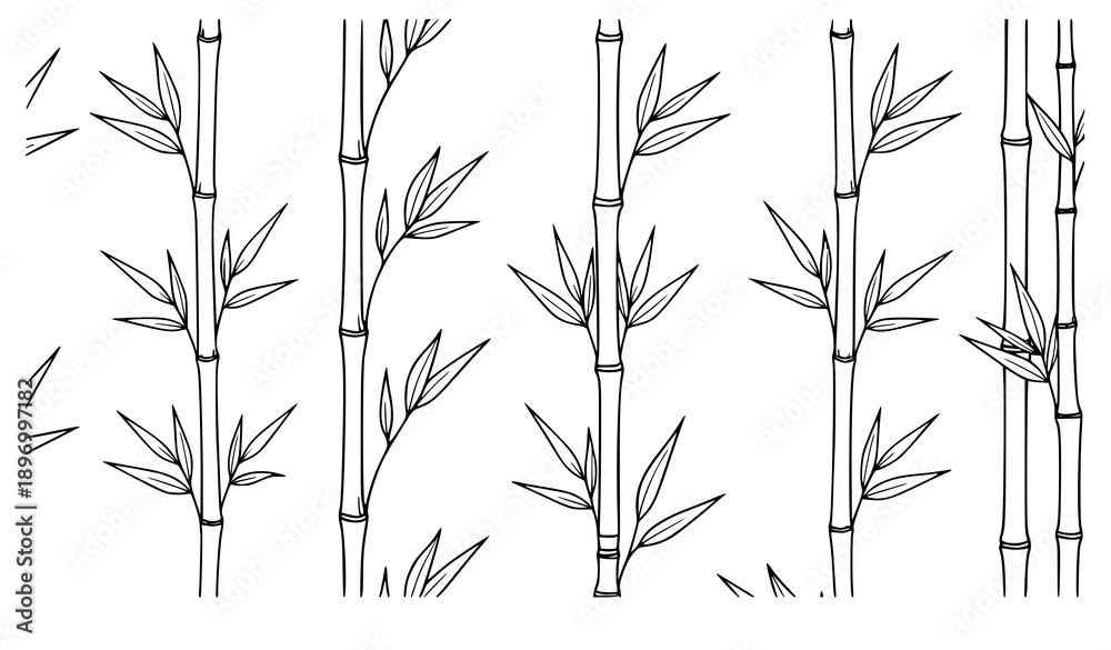 Obraz premium Black and white bamboo stalks with leaves seamless line art pattern botanical plant design