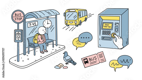 Bus stop illustration: An illustrated scene captures the essence of a bus stop, featuring a person waiting, alongside a bus, ticket machine, and other related elements.