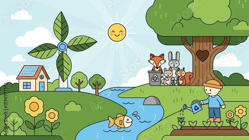 Cartoon Boy Watering Plants in Garden.