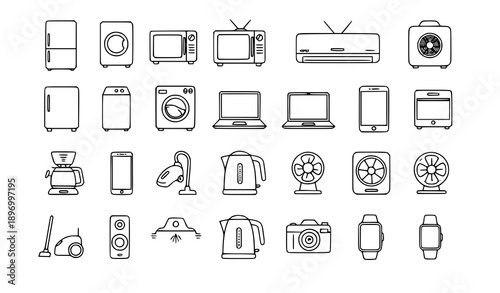 Home appliance and electronic device outline icon set for modern UI UX web and mobile app design
