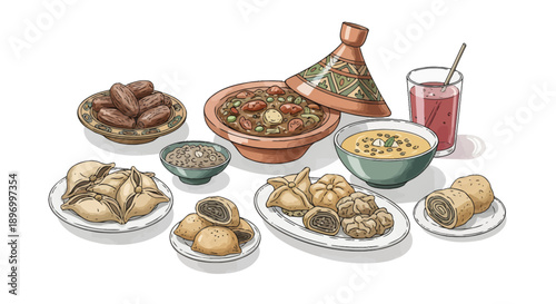 Traditional Arabic Food and Moroccan Tagine Illustration for Iftar or Ramadan Celebration