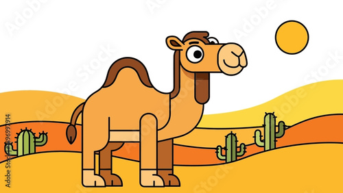 Cartoon Camel Standing in Desert Landscape.