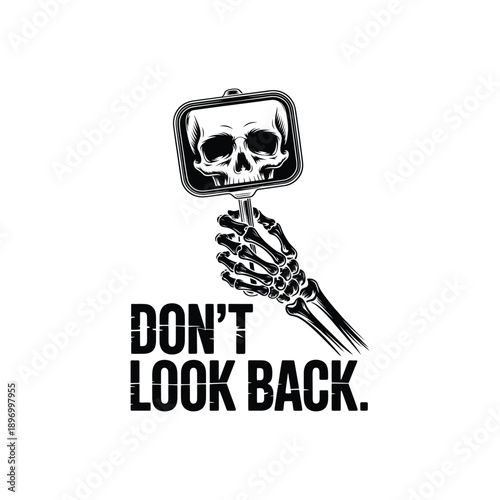 Skeleton hand holding a mirror reflecting a skull.