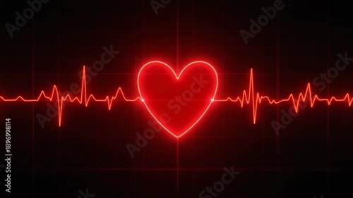 Red Heartbeat Line on Black Background with ECG Signal