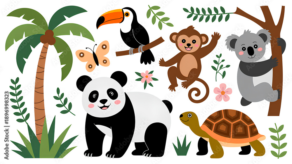 Obraz premium Jungle animals and plants on white background
