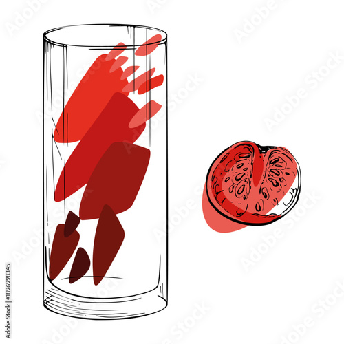 Classic Bloody Mary, fruit or berry juice in vector style, ink highball collins glass, vivid tomato red hue and clean gradient splash. Hand drawn for menu layouts, cafe branding, culinary patterns.