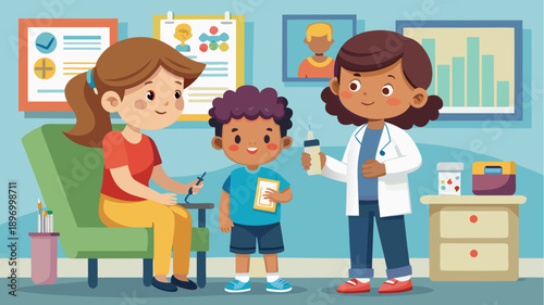 Flat design illustration of a cheerful child at a medical checkup with a doctor and parent in a pediatric clinic environment