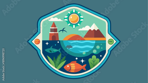 Wallpaper Mural Colorful flat design badge with ocean, fish, plants, sunset, lighthouse, mountains and sun in a nature landscape theme Torontodigital.ca