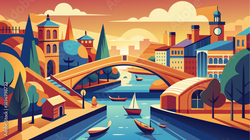 Colorful flat style cityscape with bridge, boats, river, and historical architecture at sunset in warm tones