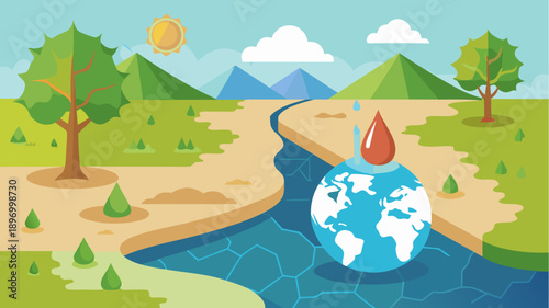 Flat style illustration of a river landscape with trees, mountains, sun, and a globe with a water drop symbolizing global water conservation