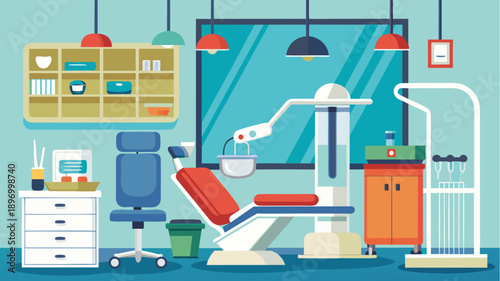 Flat design illustration of a modern dental clinic interior with dentist chair, tools, equipment, and cabinets in a clean medical setting