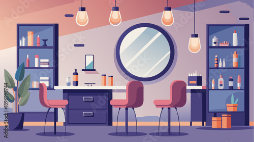 Flat design illustration of a modern beauty salon interior with chairs, mirrors, shelves, cosmetics and warm lighting in pastel tones