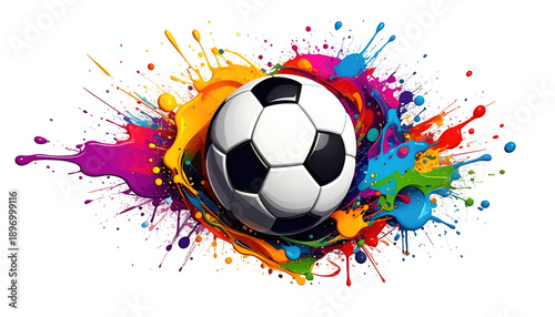 A soccer ball sits centrally, surrounded by a vibrant explosion of colorful paint splatters against a black background